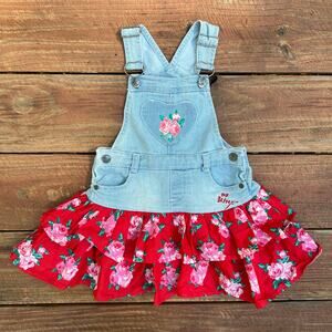 Betsey Johnson Denim Overall Dress 2T Floral Jumper Ruffle Skirt Red Rose Print